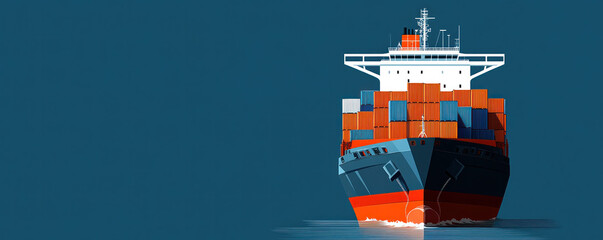 Poster - A large cargo ship is sailing on the ocean. The ship is filled with containers and is the size of a small city. The blue ocean background and the large ship create a sense of vastness and adventure