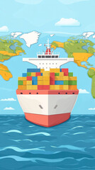 Poster - A large cargo ship is sailing in the ocean with a map of the world in the background. The ship is surrounded by a variety of colorful containers