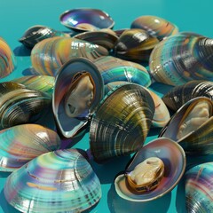 A collection of colorful shells with one shell open