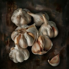 Wall Mural - A close up of garlic bulbs with one of them cut open