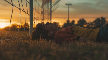 Wall Mural - A person lies on the grass, enjoying the sunset. AI.