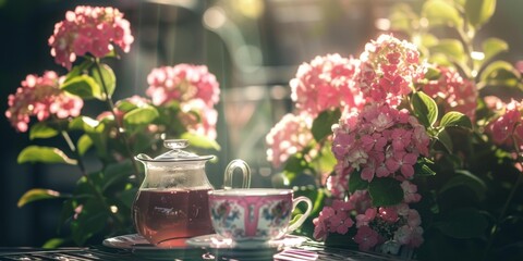 Sticker - A teapot and cup of tea sit on a table surrounded by pink flowers. AI.