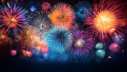 Poster -  Colorful fireworks with wide dark copy space- A vibrant display of colorful fireworks w_1(206)
