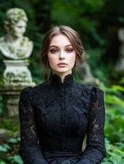 Poster - woman in black lace dress standing in front of stone statue