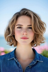 Wall Mural - Curly-haired woman with freckles in denim jacket