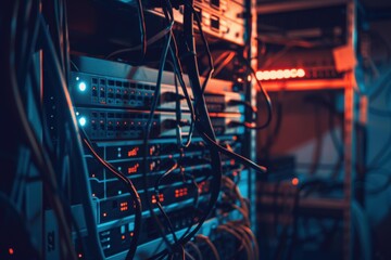 Poster - A rack of servers with many cables connected. AI.