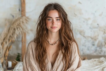 Canvas Print - young woman with wavy brown hair and freckles