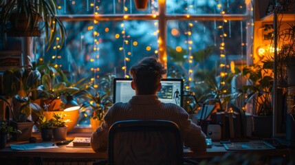 Wall Mural - Man Working at a Desk in a Room with a Window View