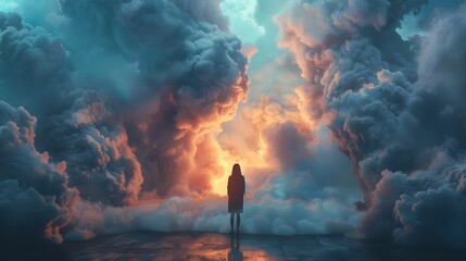 Poster - Woman Standing in a Dreamlike Landscape of Clouds.