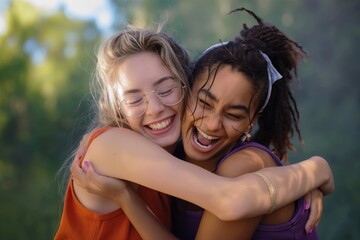 Wall Mural - Two young women in casual attire hug each other laughing and smiling. Multiracial female friends show affection and friendship. Happy moment of friendship captured.