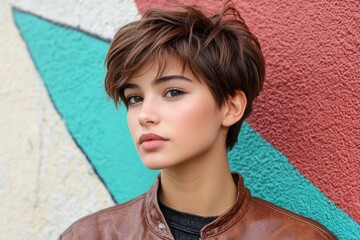 Sticker - young woman with short dark hair posing against colorful wall