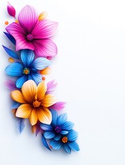 Wall Mural - Colorful Flowers and Leaves on White Background. Generative ai.