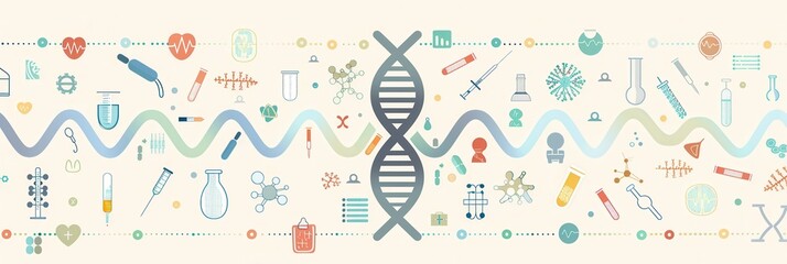 Poster - A double helix DNA strand is depicted at the center, surrounded by medical icons, including microscopes, test tubes, and stethoscopes, representing genetic research. Generative AI
