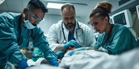 A medical team of doctors and nurses working on a patient in an emergency room. caucasian man