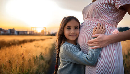  Girl embracing mother's pregnant belly- A young girl hugging her mother’s pregnant bell_1(269)