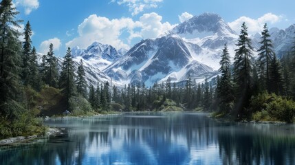 Poster - A beautiful mountain landscape with a large body of water in the foreground