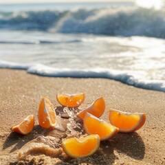 Poster - A pile of oranges on a beach with the ocean in the background