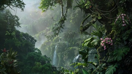 Sticker - A lush jungle with a waterfall and a pink flower