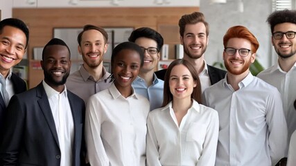 Wall Mural - Group of business multiethnic people men and women looking cheerful at camera and smiling indoors. Company employees or group of staff standing in office confidently. Team work concept. Banner.