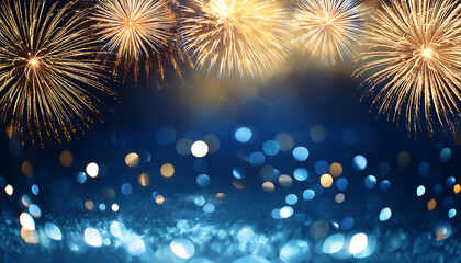 Aufkleber -  Gold and dark blue Fireworks and bokeh in New Year eve and copy space. Abstract background _1(280)