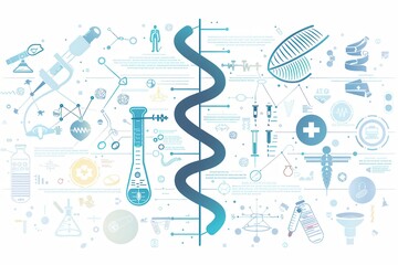 Poster - A double helix DNA strand is encircled by various medical icons like stethoscopes, test tubes, and microscopes, illustrating the intersection of biology and medicine. Generative AI