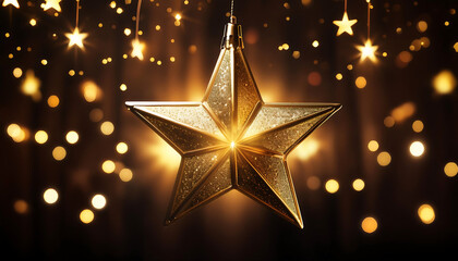Poster -  Gold star light hanging on dark background- A striking image of a gold star light hangi_1(288)