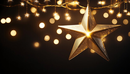 Poster -  Gold star light hanging on dark background- A striking image of a gold star light hanging a_1(287)