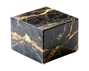 Black Marble Cube with Detailed Gold Veining displaying a smooth, polished surface and intricate natural patterns. Isolated on transparent background, png.