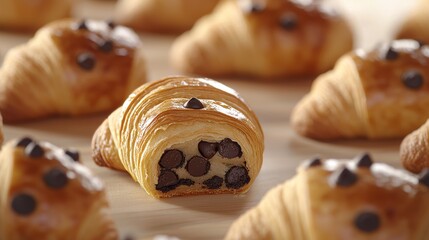 Wall Mural - Golden Flaky Chocolate Croissants on Wooden Table with Chocolate Chips