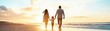 © praewpailyn - A happy family enjoying a sunset walk on the beach, creating cherished memories together in a beautiful coastal setting.