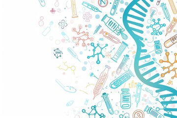 Aufkleber - A double helix DNA strand is surrounded by various medical icons representing research tools and symbols in the field of healthcare and genetics. Generative AI