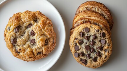 Wall Mural - Close-up of Assorted Chocolate Chip Cookies with Different Textures on White Background