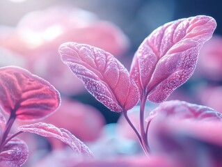 Wall Mural - delicate pink leaves glisten with dew, showcasing nature's beauty in soft light, perfect for botanic