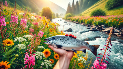 hand holding a fresh salmon with a background