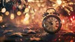 © MP_Artworks - Festive and elegant New Year's Eve celebration background with fireworks and clock pointing midnight in 2025, joyful and festive image with space for text