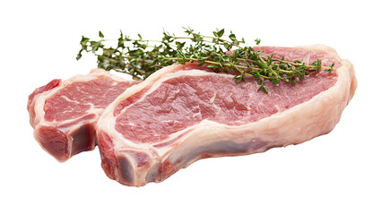 A raw pork chop with a sprig of thyme, isolated on transparent background