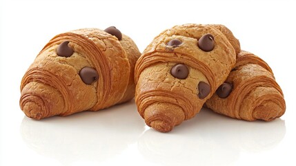 Wall Mural - Delicious Chocolate Chip Croissants Against White Background. Freshly Baked Pastries