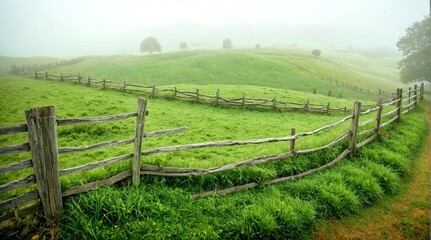 Countryside Tranquility: A tranquil photograph capturing the idyllic charm of the countryside, with lush green fields, a winding fence, and a soft mist adding to the peaceful ambiance. 2