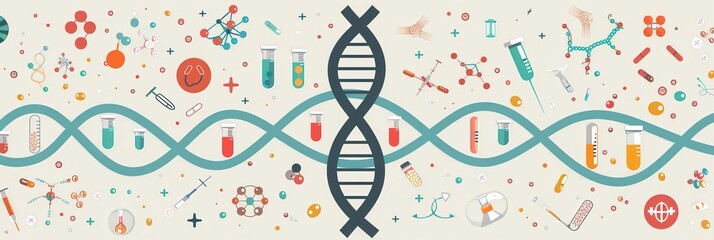 Poster - A double helix DNA strand is prominently displayed, surrounded by various medical icons like microscopes, test tubes, and stethoscopes, depicting scientific research. Generative AI