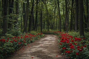 Wall Mural - A path through a forest is lined with red flowers. The flowers are in full bloom and the path is covered in dirt. The scene is peaceful and serene