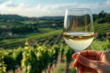 Hand holding a glass of white wine with a stunning view of a vineyard and countryside in the background.