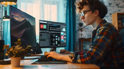 Poster - Young Man Editing Video with Modern Tech