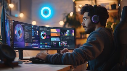 Poster - Man Working on a Computer with Multiple Monitors