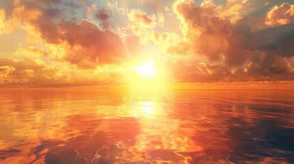 Wall Mural - a beautiful sunset over the ocean with the sun reflecting on the water. the sky is filled with cloud