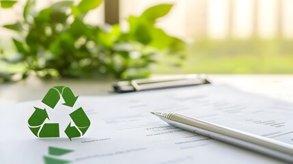 Poster - Eco friendly business paperwork with green icons and detailed documentation for a sustainable enterprise  Administrative office scene with organized desk files