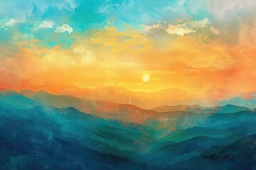 Wall Mural - a painting of a mountain range with a bright orange sun in the sky. the sky is blue and the mountain
