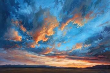 Wall Mural - a painting of a sky with clouds and a sun setting