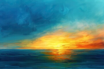 Wall Mural - a painting of a sunset over the ocean with a blue sky.