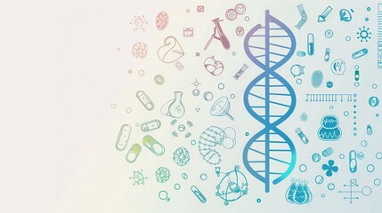 Aufkleber - A double helix DNA strand is surrounded by various medical icons, showcasing the connection between genetics and health research in a contemporary lab setting. Generative AI