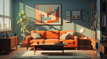 subdued interior flat design side view, muted decor, animation, Splitcomplementary color scheme